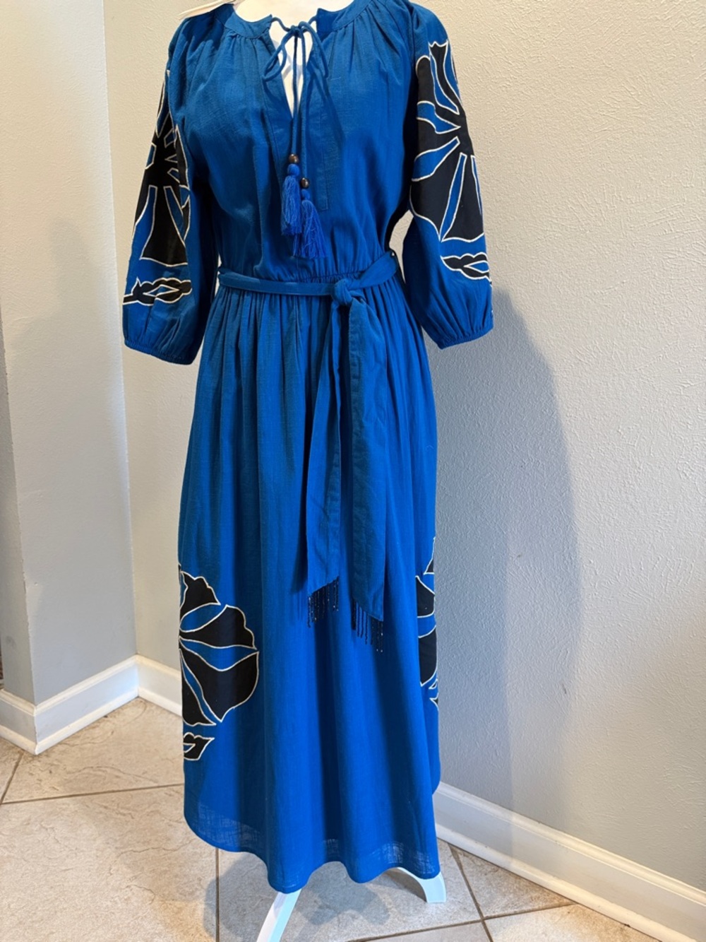 Royal Blue Embroidered Tie-Waist Maxi Dress